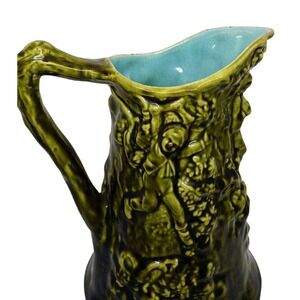 French Antique Majolica Pitcher Sarreguemines Green Turquoise Relief Figural Jug
